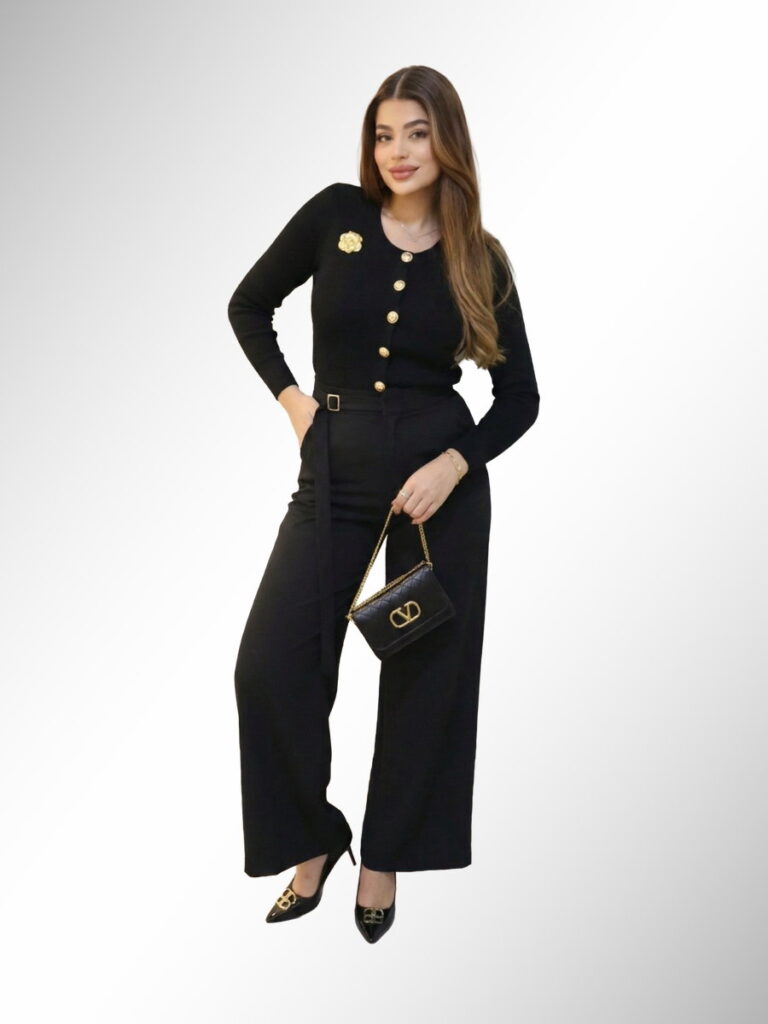 חליפת נשים שחורה אלגנטית עם כפתורי זהב, מכנסיים רחבים ותיק ולנטינו, אופנה ישראלית, גיליס