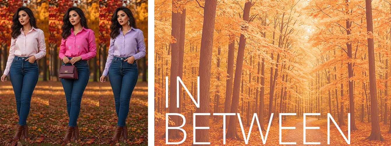 שלוש נשים בחולצות מכופתרות בגוונים ורודים וג'ינס כהה על רקע יער סתווי, קולקציית אופנה, גיליס