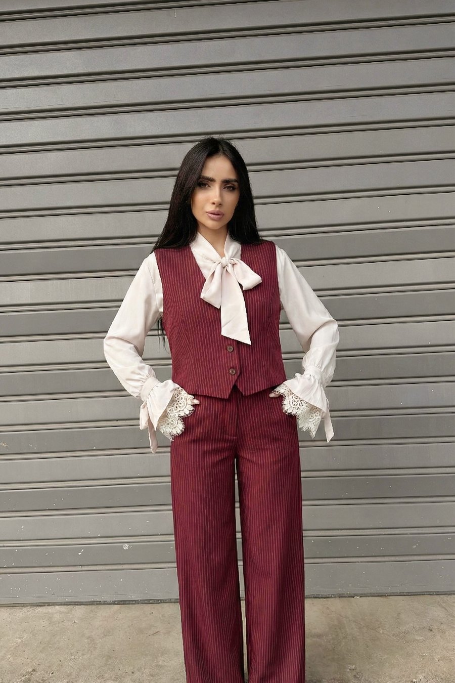 Pinstripe Vest Suit - Burgundy