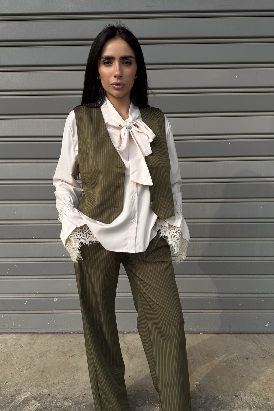 Pinstripe Vest Suit - Dark Green